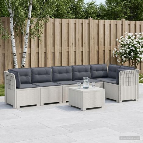 Canapé de Jardin Modulaire 6 Places avec Table et Coussins Aspect Rotin PP Blanc - PANGIVO (1/5)
