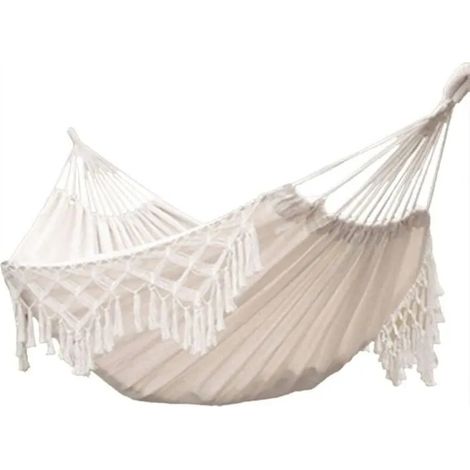Hamac double en coton doux, blanc, capacité de 204 kg, avec sac de transport, idéal pour le jardin, le camping et les voyages. (1/5)
