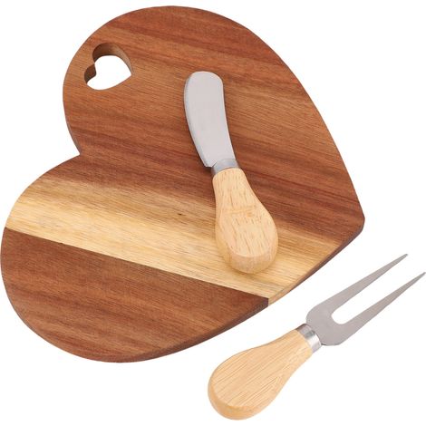Planche à fromage en forme de cœur avec fourchette à beurre et coupe-pain, plateau à charcuterie en bois avec trou de suspension pour la cuisine (1/5)