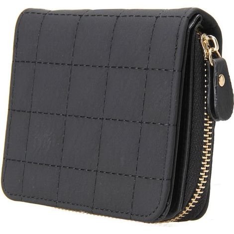 Petit portefeuille zippé en cuir PU de haute qualité à carreaux courts pour femmes (noir), (1/2)