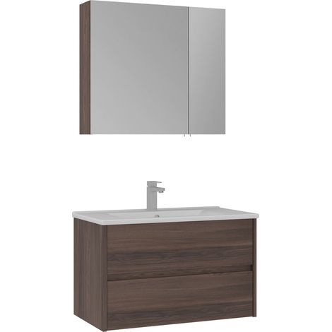 Set mobile lavabo con specchio (2 pezzi) "Side 85 v2" - 85 x 45 x 52 cm - Noce (1/3)
