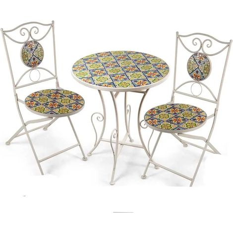 Set tavolo e 2 sedie pieghevoli in metallo con inserti a mosaico