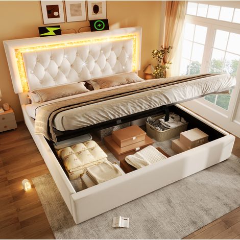 Cama Baúl 160x200 Cm Canapé Elevable Terciopelo Beige (1/5)
