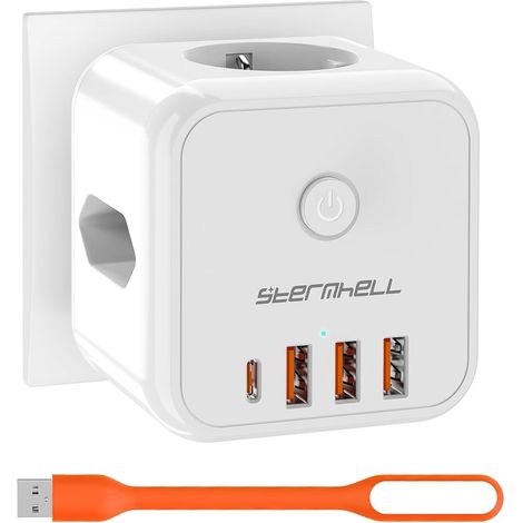 Cube multiprise, sans câble, 3 prises, avec USB C, 3680 W, adaptateur de prise 7 en 1, entrée USB, parasurtenseur, pour bureau, maison, voyage, blanc (1/5)