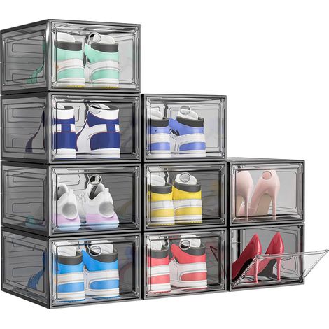 Boîtes à chaussures, Lot de 9, Boîte à Chaussures en Plastique Transparent Empilable, Conteneurs Organisateurs de Chaussures Pliables et Robustes avec Porte pour Femmes/Hommes, Noir (1/5)