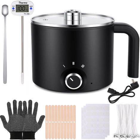 Fondeur De Cire Bougie Electrique, 1.8L/60oz Électrique Fondeur Cire Bougie, Kit Fabrication Bougies Avec Comprend Un Thermomètre, Autocollants Pour Mèches, Dispositif De Centrage, Cuillère (1/5)