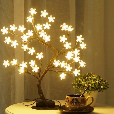Lampe de table/de chevet LED en forme d'arbre à fleurs de cerisier, 40 LED blanc chaud, USB, décoration pour fêtes et maison (1/3)