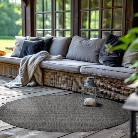Tapis intérieur extérieur Rond 160 cm Noir uni Lavable imperméable Tissage Plat pour terrasse Jardin Salon Cuisine et Salle à Manger (1/5)