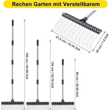 Râteau de jardin avec manche réglable, large râteau de jardin avec 22 dents en acier à ressort pour pelouse, feuilles et sol, râteau pour scarification, râteau autonettoyant pour jardin, cour (1/5)