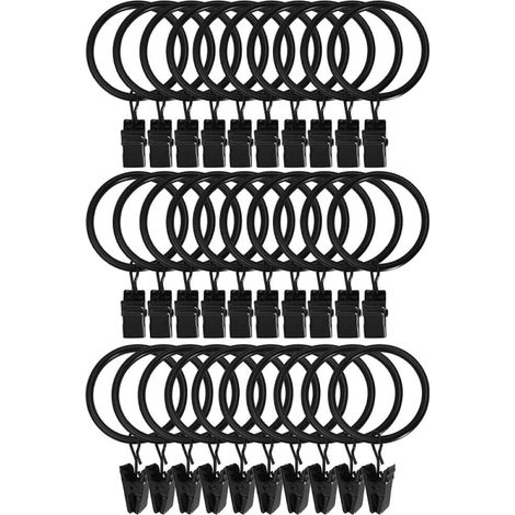 Anillas para cortinas con clips metálicos - Se adaptan a todas las barras de cortina - Diámetro interior de 32 mm - Color negro - 30 unidades (1/5)