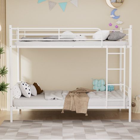 90x190cm großes Etagenbett, Hochbett mit Metalltreppe und hohem Geländer, Etagenbett mit Kletterleiter, Etagenbett mit Eisenrahmen und Absturzsicherung, Weiß (1/5)