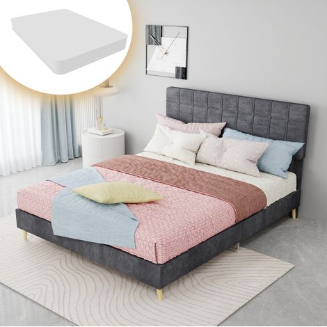 Cama doble (205x140x127 cm), cabecero acolchado a cuadros, patas de madera, tela gris (1/5)