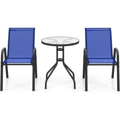 Set di 3 set da bistrot da giardino: tavolo rotondo 60 x 60 x 70 cm comode sedie impilabili stile moderno metallo blu 200011842