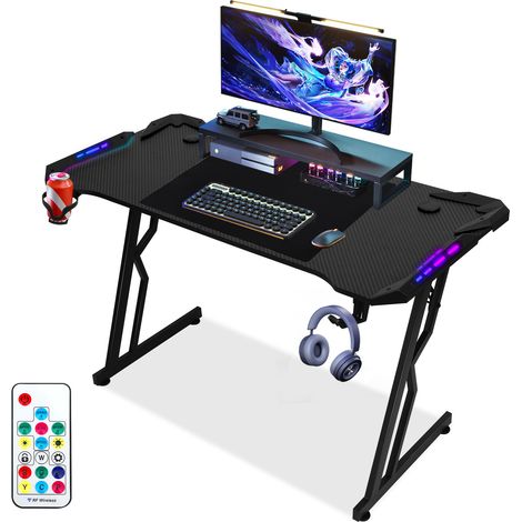 Wolketon Bureau Gaming LED, 140 x 60cm Grande Bureau Gamer avec Un Plateau en Fibre de Carbone, Noir