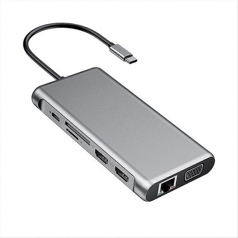 Hub USB Type-C 12 en 1 : adaptateur USB Type-C vers VGA 4K compatible RJ45, Ethernet, SD/TF, PD, USB-C 3.0, audio/micro 3,5 mm (1/5)