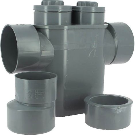 Adequa – Siphon de douche disconnecteur monobloc gris – Ø125-100 avec kit de réductions – PVC monobloc pour évacuation eaux usées
