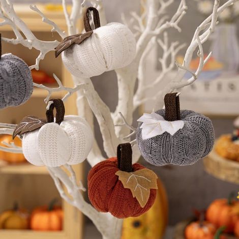 Lot de 4 citrouilles d'automne tricotées à suspendre pour décoration d'automne, citrouilles pour Halloween (1/5)