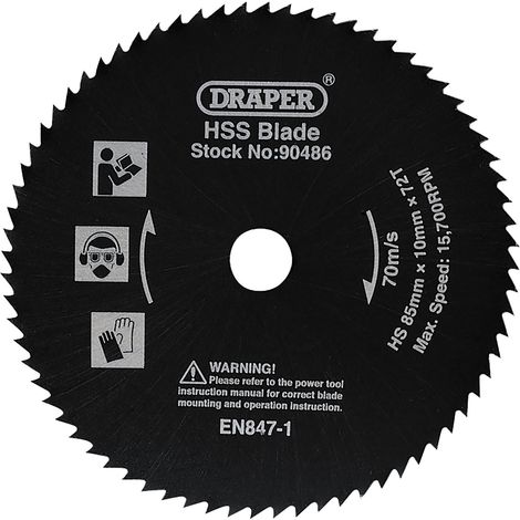 Draper Storm Force® 85mm HSS Mini Circular Saw Blade, 1.3mm Kerf, 72 Teeth, Suitable for Metal and Wood Cutting, Model 90486 (1/5)