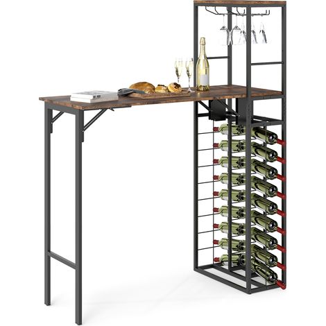 COSTWAY Bar Table Tall Kitchen Island Table with Foldable Tabletop-Brown