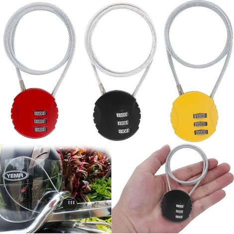 Cadenas à code 3 chiffres – Lot de 3 antivols de casque – Câble en acier 50 cm – Pour vélos, bagages et poussettes (1/4)