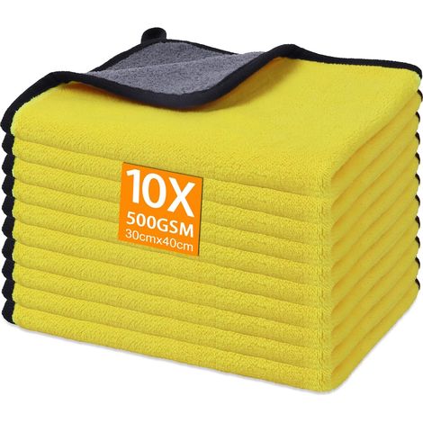 10 paños de microfibra para coche, 500 g/m², superabsorbentes, para limpieza de coches y motos, hogar, 30 x 40 cm, amarillos. (1/5)