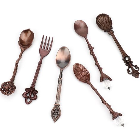 Service à café rétro style court, 6 pièces, fourchette et cuillère, cuillère décorative en bronze antique, bronze antique rouge (1/5)