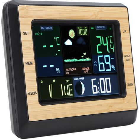 Station météo sans fil avec horloge, affichage couleur intérieur/extérieur, thermomètre numérique, capteur d'humidité, prévisions météo et alarme (1/5)
