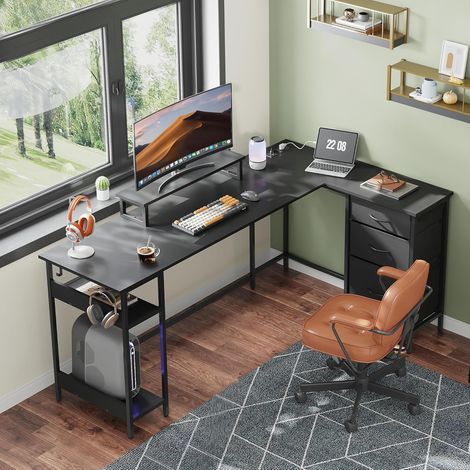 Bureau d'angle en L, 168 × 103 cm, avec tiroirs, prise électrique et port USB, bureau d'ordinateur spacieux avec rangements pour bureau à domicile et chambre, noir