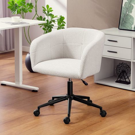 Silla de oficina tapizada con funda de felpa, diseño tipo bañera, silla de escritorio con ruedas, base de acero, color crema y negro.