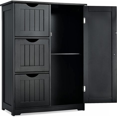 COSTWAY Meuble de Salle de Bain avec 3 Tiroirs, 1 Placard, Rangement Salle de Bain Étagère Réglable pour Salon, Chambre, Entrée, 58x28x81cm-Noir (1/5)