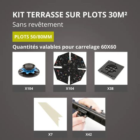 JOUPLAST – Kit para terraza 30 m² – Soportes regulables 50/80 mm