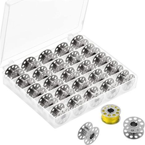 25 Pcs Canette Metal Machine A Coudre, Canette Machine A Coudre,Canettes De Couture,Machine À Coudre De Canette Vide avec Boîte De Rangement,Canette Singer pour Machine À Coudre Domestique,Argenté (1/4)
