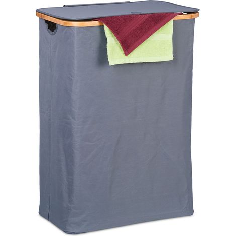 Relaxdays Cesto Ropa Sucia Bambú y Poliéster con Tapa, 105 l, Cubo Lavandería, Plegable, Transportable, Gris y Natural