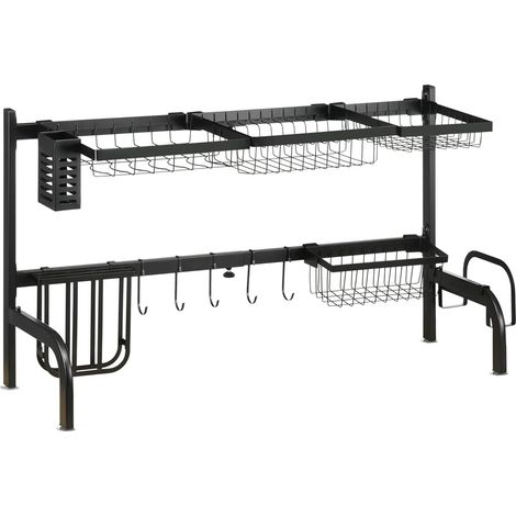 Abtropfgestell 2-stufiges Geschirr-Abtropfgitter mit Haken und Abtropfschale aus Stahl, Schwarz 51-93 cm für Küche (1/5)