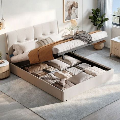 Bettgestell 160x200 cm - TANANT - Beige - Integrierte LED - Gepolsterte Kopfzeile - Minimalistisch