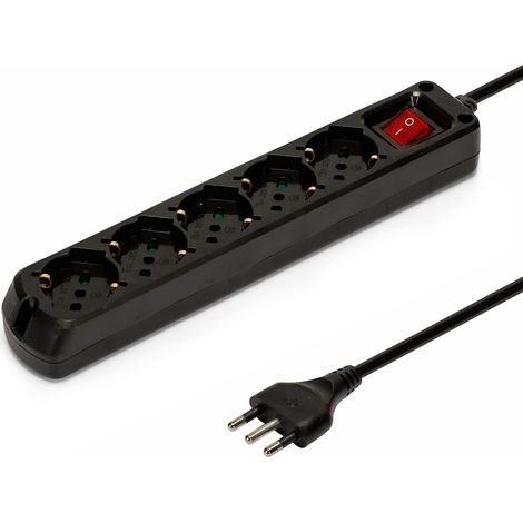 Velamp Multipresa - 5 Prese Polivalenti (Schuko + 10/16A) - Spina Grande 16A - Interruttore Luminoso – Colore Nero (1/5)