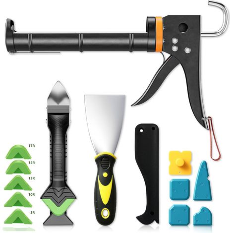 Kit de presse à cartouche, pistolet à cartouche en silicone et outil pour enlever le mastic, grattoir à joints pour salle de bain, cuisine,fenêtre (1/5)