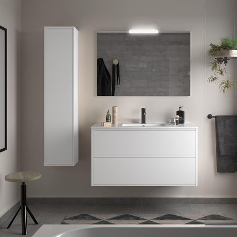 Ensemble complet OPTIMUS 1000 BLANC SATINÉ + meuble lavabo + miroir + lampe (1/2)