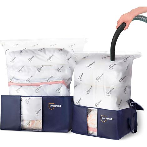 Kit de rangement compact PackShield - 2 Housses et 2 Sacs Sous Vide - Compression avec aspirateur - Grande capacité XXL - Protégez et Transportez Facilement Duvets Couettes Oreillers Vêtements Habits (1/5)
