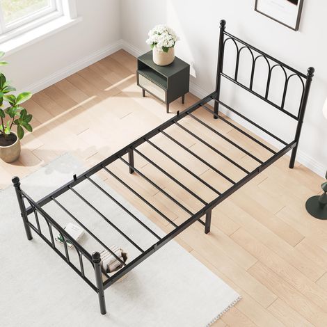 Letto in metallo e MDF nero 90x200 cm con testiera e pediera alte, doghe in metallo e spazio sottoletto (1/5)