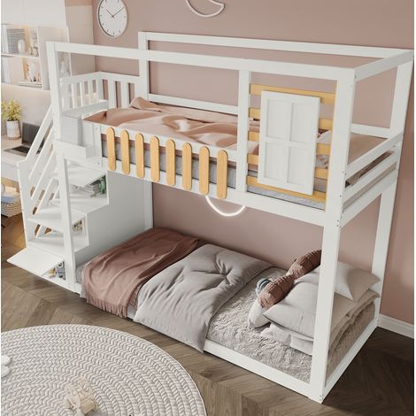 Cama Litera 90x200 Cm Escalera Y Almacenaje Madera Maciza Pino (1/5)