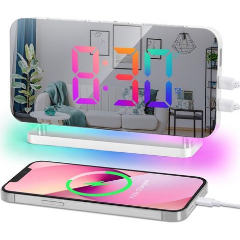 Reloj digital RGB con espejo y puertos de carga USB - Reloj despertador para mesita de noche con regulador automático y función snooze para dormitorio/oficina (1/5)