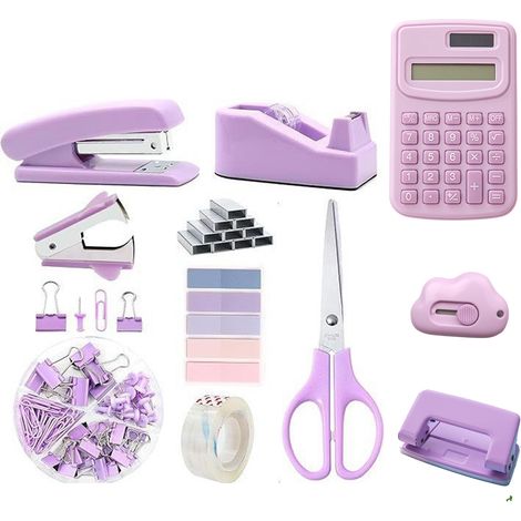 7 pièces accessoire de bureau, agrafeuse, dévidoir ruban adhésif, arrache-agrafes, agrafes, trombones, ciseaux, étiquettes colorées (1/5)