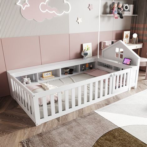 Lit cabane enfant 90x200cm blanc avec barrière de sécurité, toit, fenêtre et rangements intégrés (1/5)