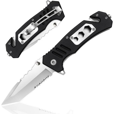 Couteau pliant multifonction 6-en-1 avec brise-vitre et clip ceinture