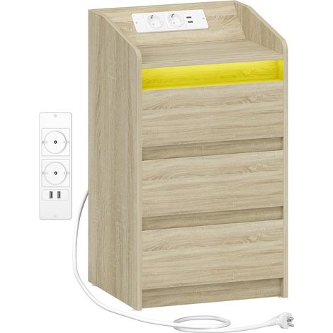 Table de Chevet avec 3 Tiroirs, Table d'Appoint avec Station de Charge et LED, 2 Prises CA et 2 Ports USB pour Chambre à Coucher, Salon, Couleur Chêne (1/5)