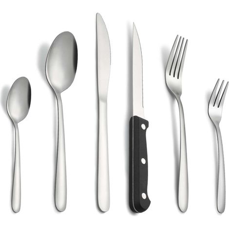Couverts avec couteau a steak, 72 pièces couverts de table pour 12 personnes, couvert en argent comprenant cuillère, couteau, fourchette, set couverts de table inox, lave-vaisselle (1/5)