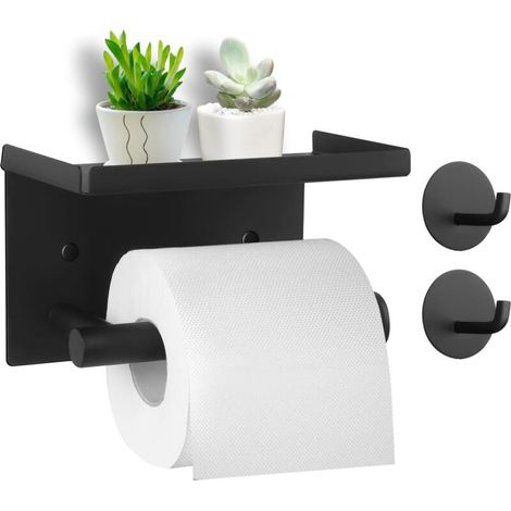 Wall-Mounted Toilet Paper Holder with Shelf, Stainless Steel with 2 Hooks, Modern Design for Bathroom (Black) (1/5)