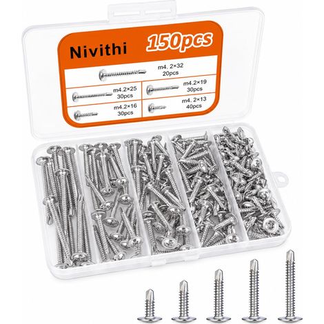 SR42S Argenté Vis Autoforeuse Metal M4.2 Vis Autoforeuse 150pcs 410 Inox,pour Montage,Cette Vis Autoforeuse Inox Fixe Les Plaques,la Vis Autoforeuse Perce Directement le Support,pour Tôle (1/5)