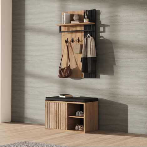 Garderobenschrank 70x36x146 cm schwarz und natur aus Spanplatte mit Schuhbank und 3 Haken (1/5)